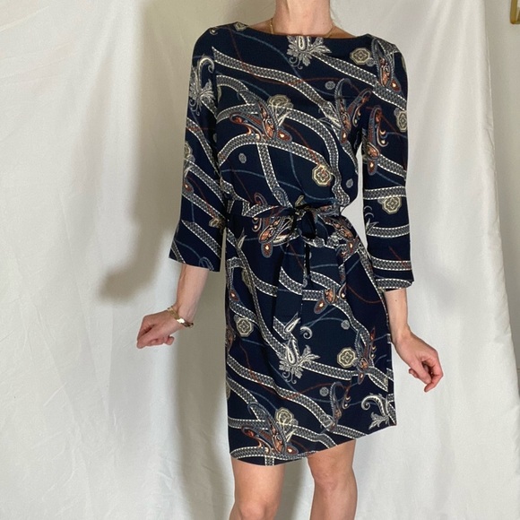 H&M boatneck paisley luxury print‎ shift dress navy blue 3/4 sleeve - Picture 3 of 11